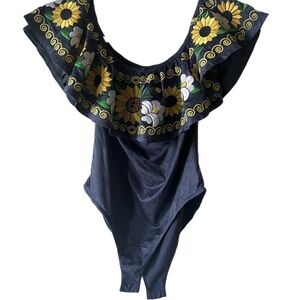 NWT super soft Embroidered Sunflowers off shoulder festival boho body suit